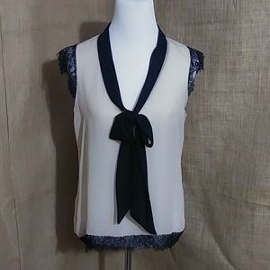 SALE - Lily White Brand Nude Black Lace Bow Blouse Top EUC Medium Vintage Style